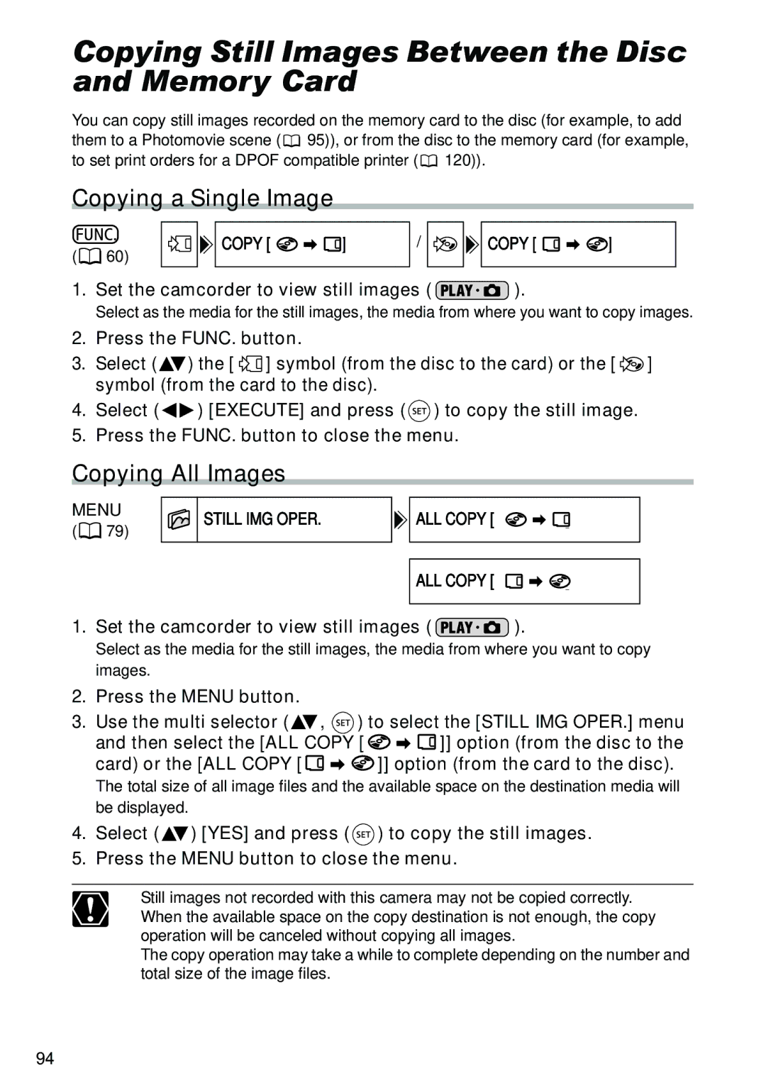 Canon DC40 Copying Still Images Between the Disc and Memory Card, Copying a Single Image, Copying All Images 