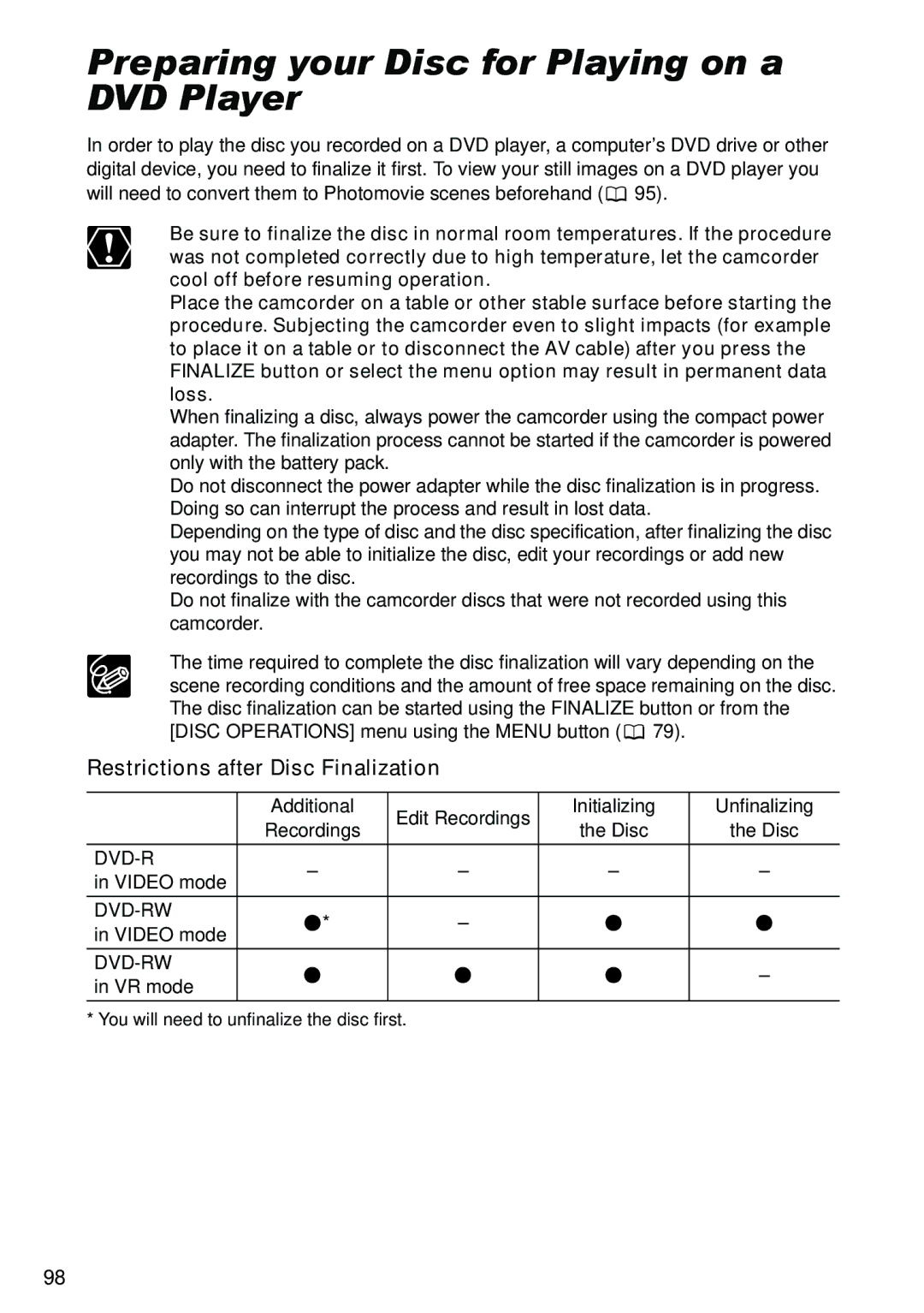 Canon DC40 instruction manual Preparing your Disc for Playing on a DVD Player, Restrictions after Disc Finalization 