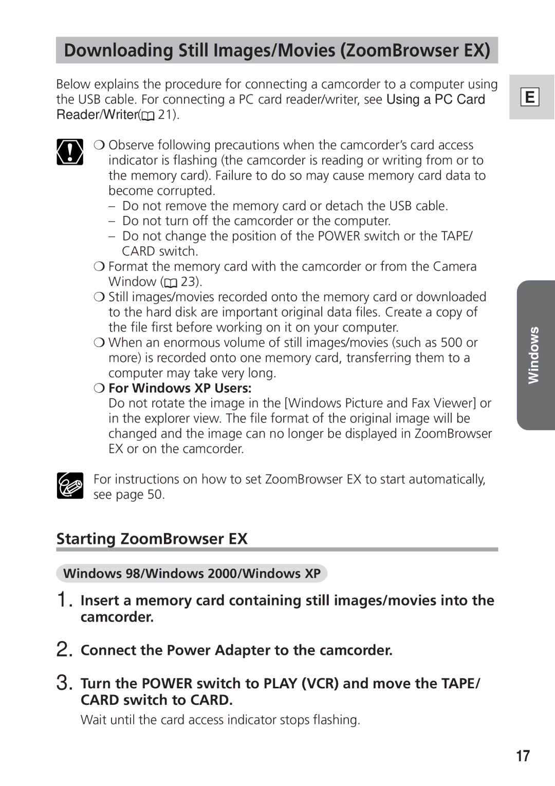 Canon DIM-521A instruction manual Starting ZoomBrowser EX, For Windows XP Users, Windows 98/Windows 2000/Windows XP 