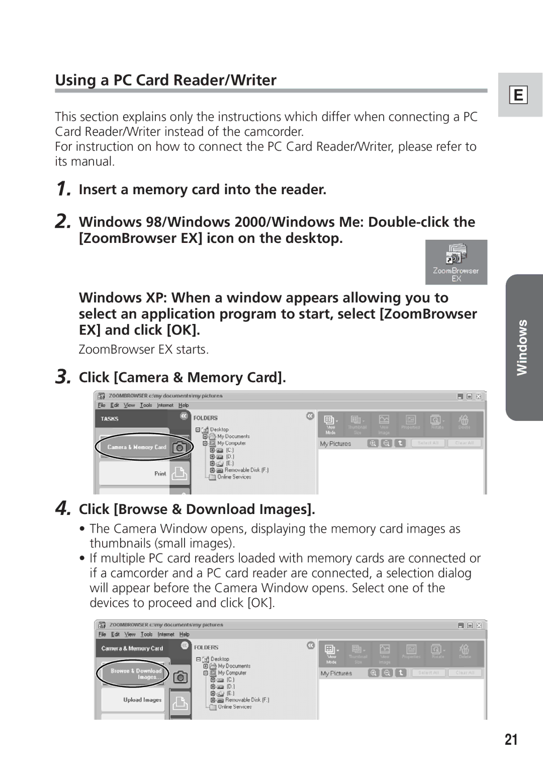 Canon DIM-521A instruction manual Using a PC Card Reader/Writer, Click Camera & Memory Card Click Browse & Download Images 