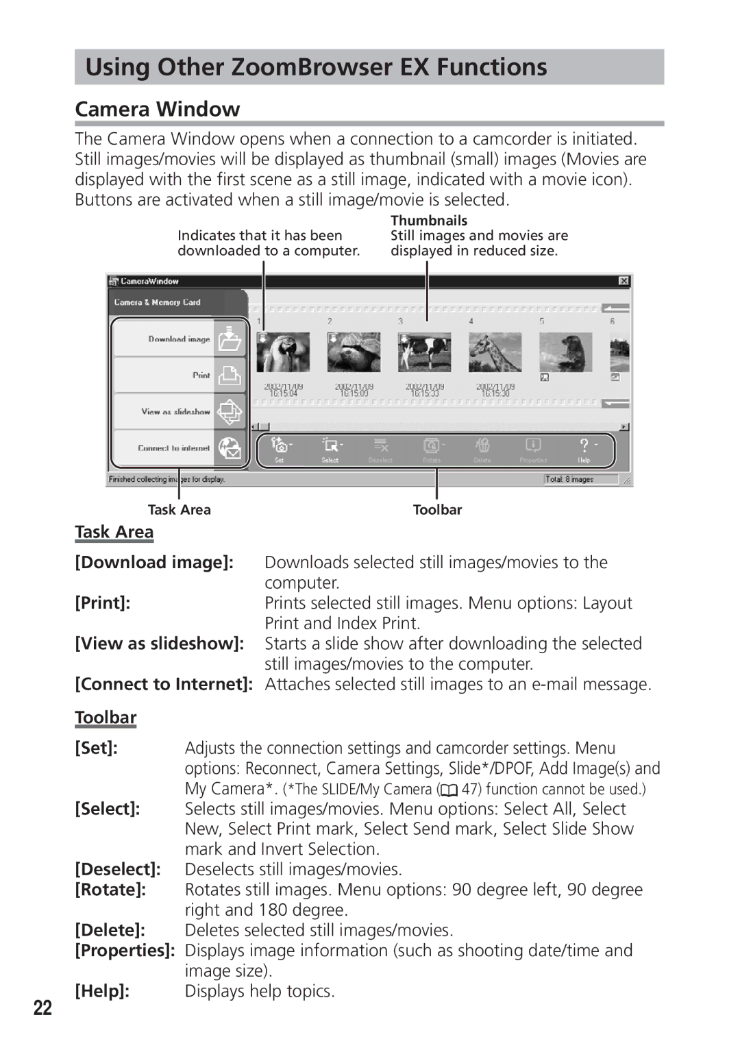 Canon DIM-521A instruction manual Using Other ZoomBrowser EX Functions, Camera Window, Task Area, Toolbar 