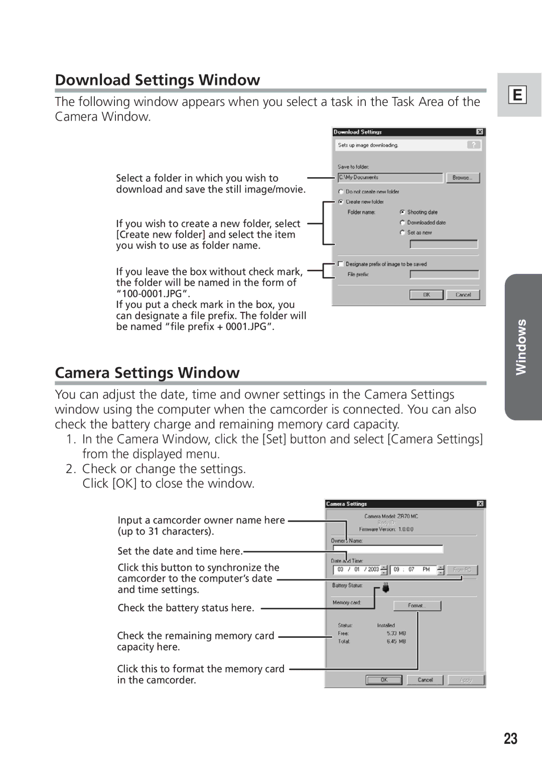 Canon DIM-521A instruction manual Download Settings Window, Camera Settings Window 