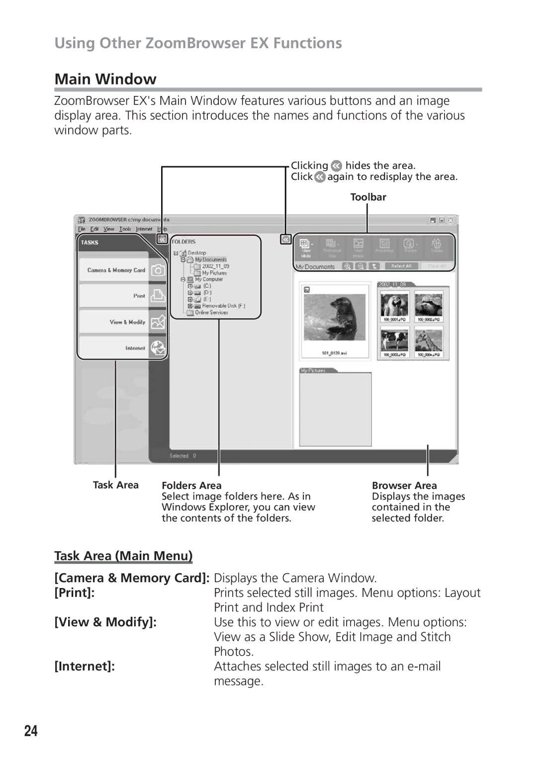 Canon DIM-521A instruction manual Using Other ZoomBrowser EX Functions, Main Window 