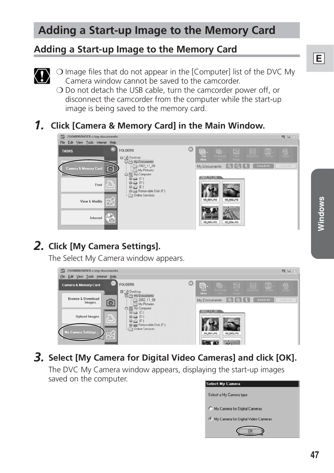 Canon DIM-521A instruction manual Adding a Start-up Image to the Memory Card, Click My Camera Settings 