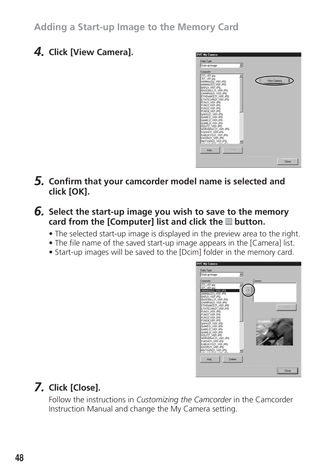 Canon DIM-521A instruction manual Adding a Start-up Image to the Memory Card, Click Close 