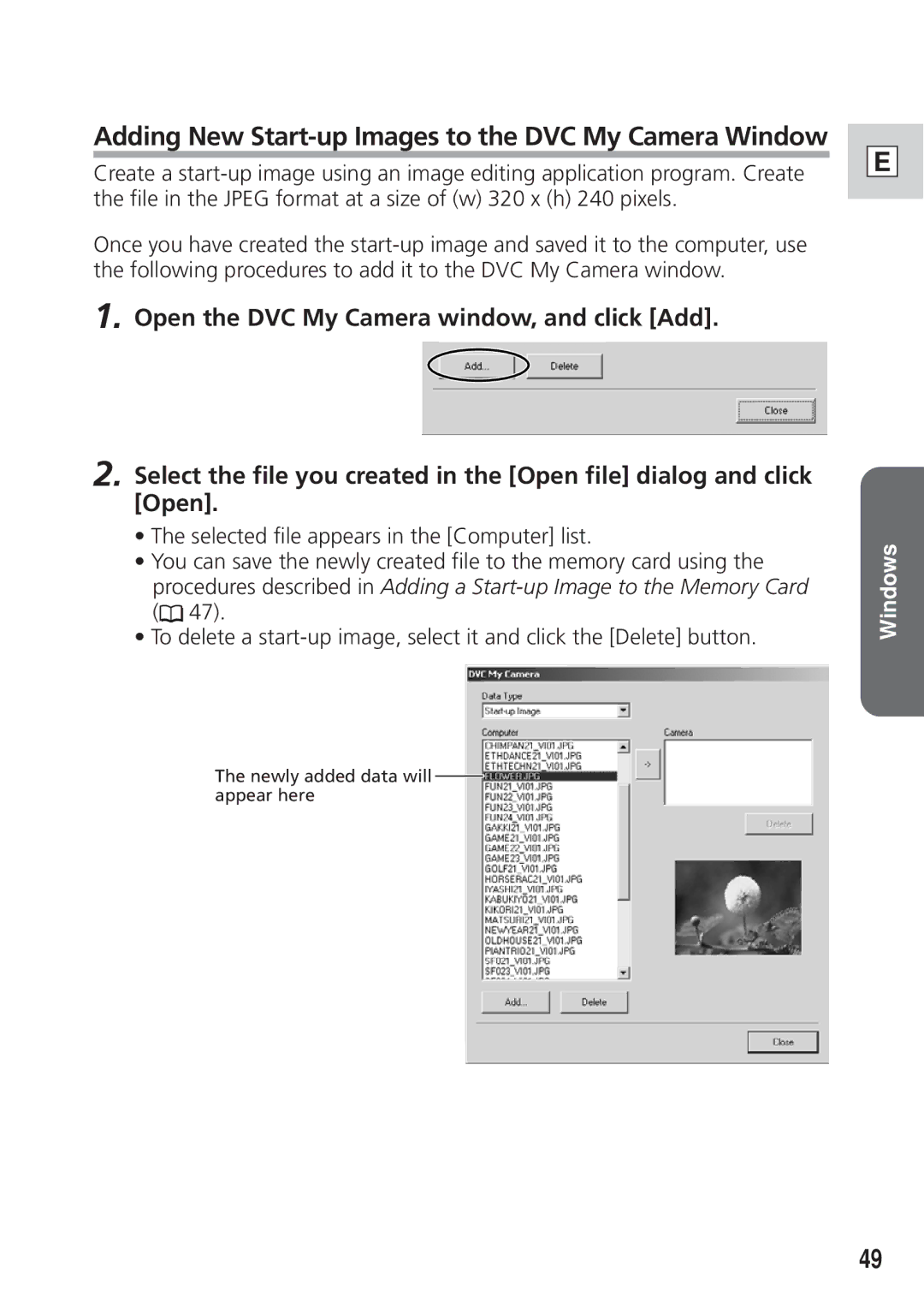 Canon DIM-521A instruction manual Adding New Start-up Images to the DVC My Camera Window 