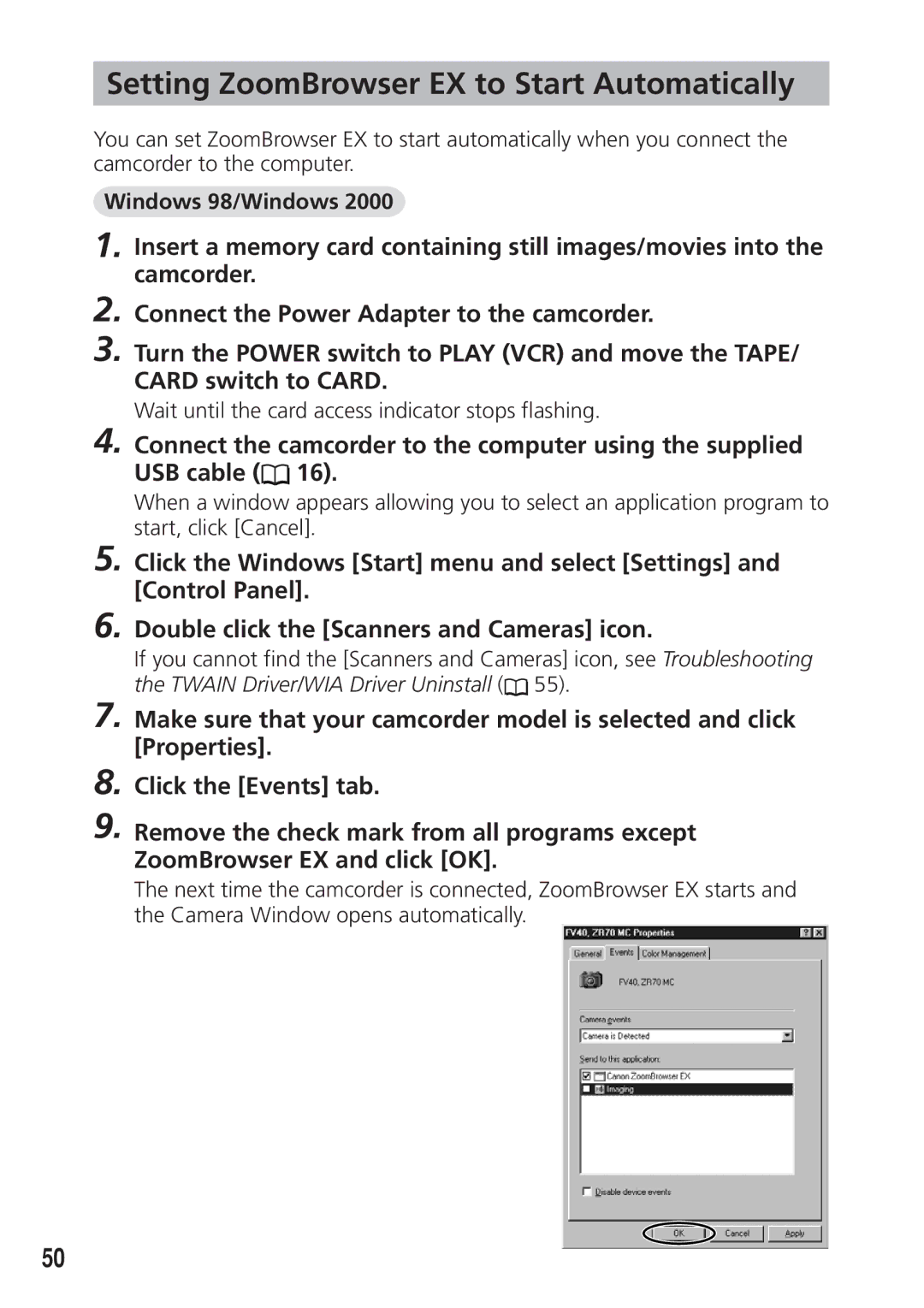 Canon DIM-521A instruction manual Setting ZoomBrowser EX to Start Automatically, Windows 98/Windows 