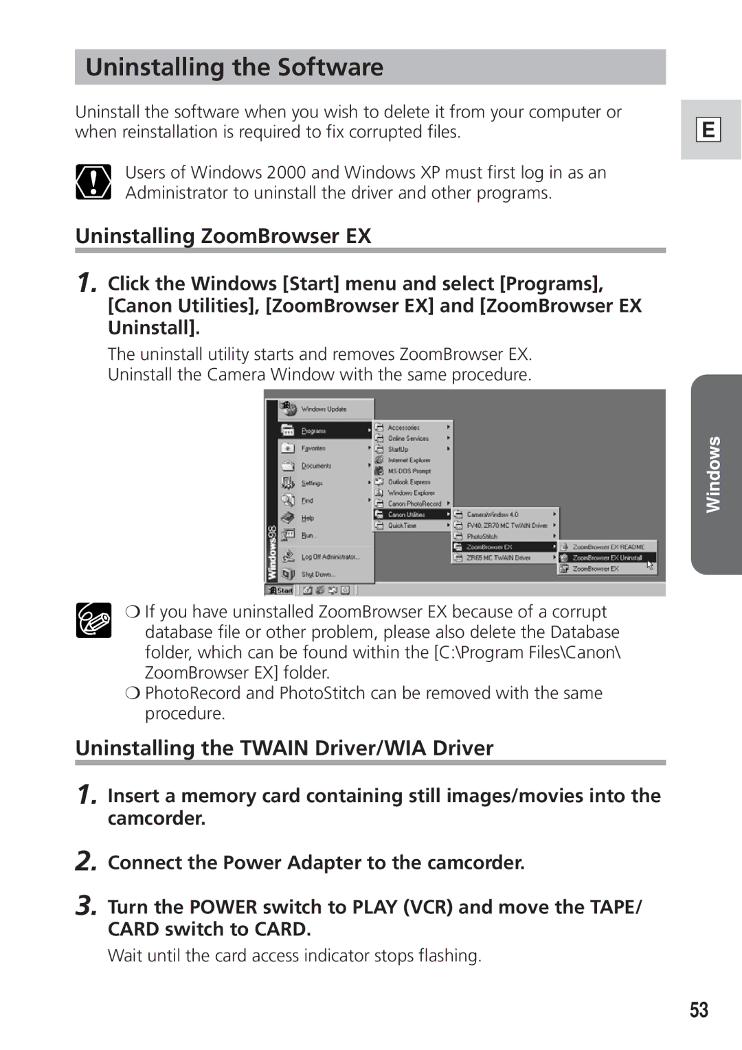 Canon DIM-521A Uninstalling the Software, Uninstalling ZoomBrowser EX, Uninstalling the Twain Driver/WIA Driver 