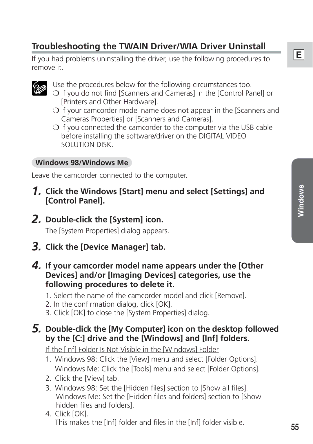 Canon DIM-521A instruction manual Troubleshooting the Twain Driver/WIA Driver Uninstall, Windows 98/Windows Me 