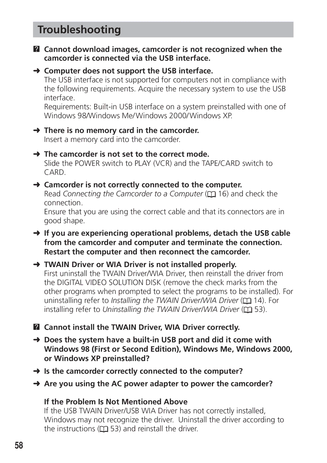 Canon DIM-521A instruction manual Troubleshooting, Camcorder is not set to the correct mode 