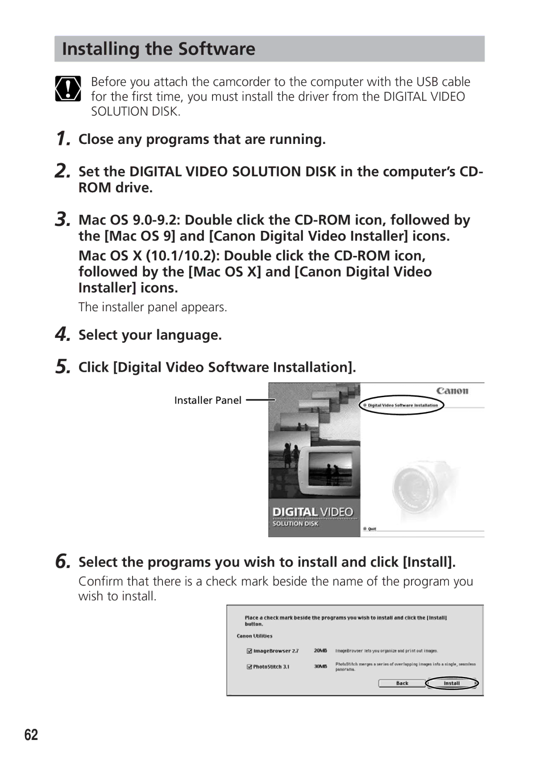 Canon DIM-521A instruction manual Installing the Software, Select the programs you wish to install and click Install 