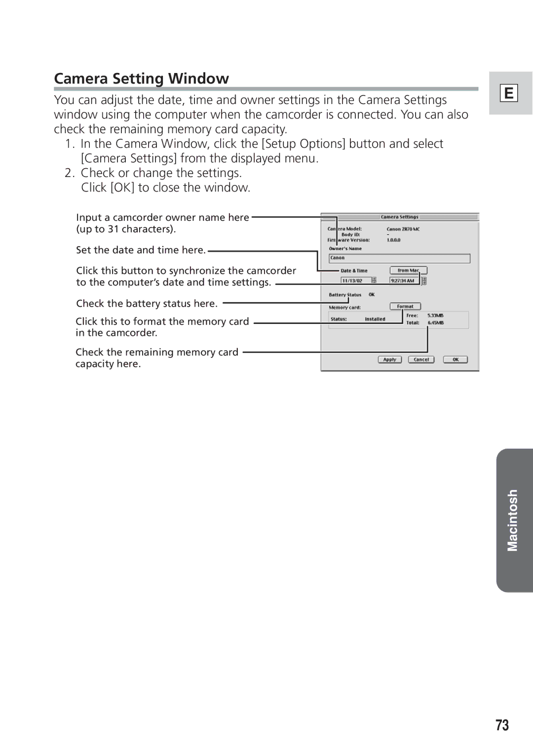 Canon DIM-521A instruction manual Camera Setting Window 