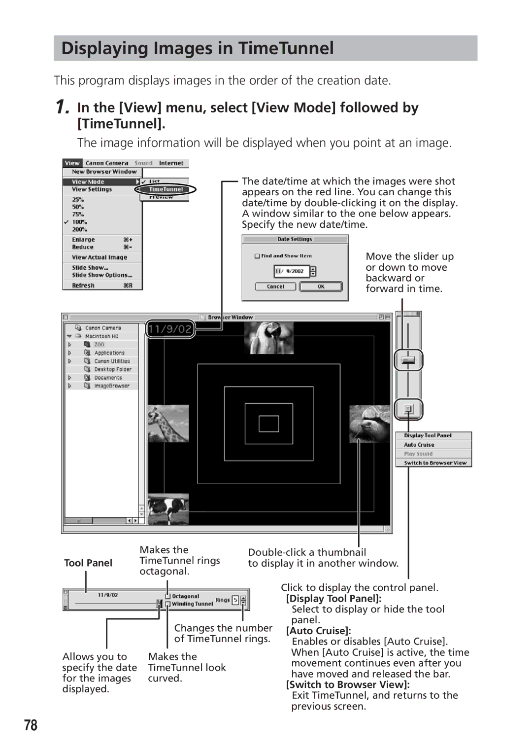 Canon DIM-521A instruction manual Displaying Images in TimeTunnel, View menu, select View Mode followed by TimeTunnel 