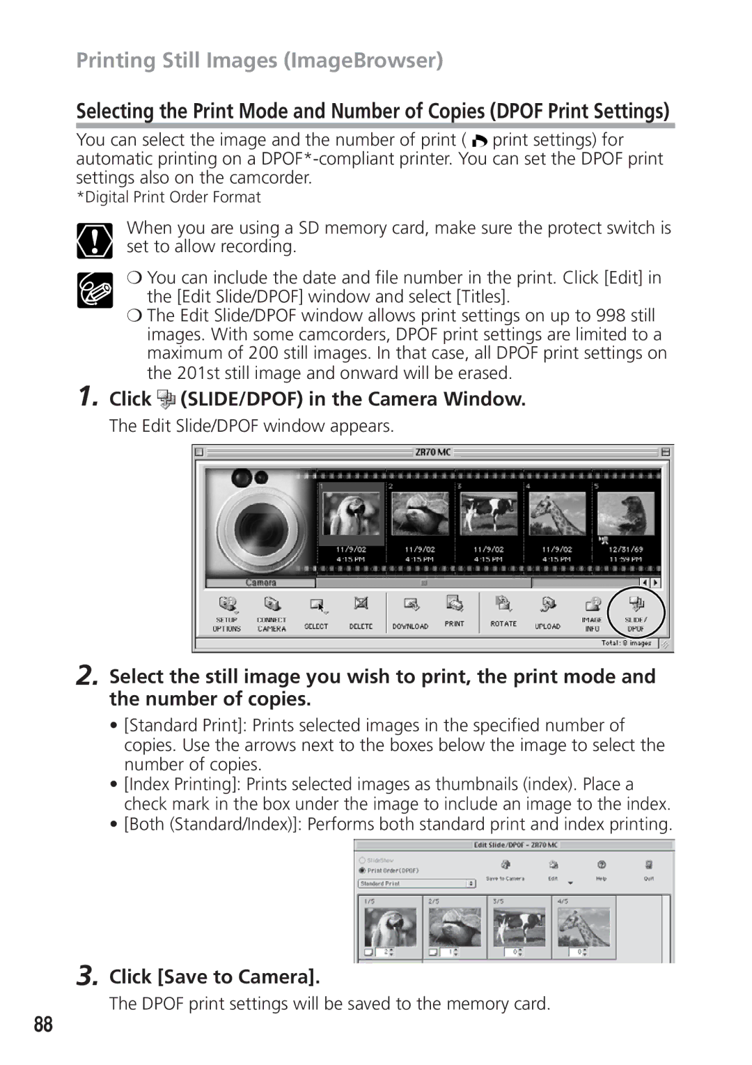 Canon DIM-521A instruction manual Click SLIDE/DPOF in the Camera Window, Click Save to Camera 