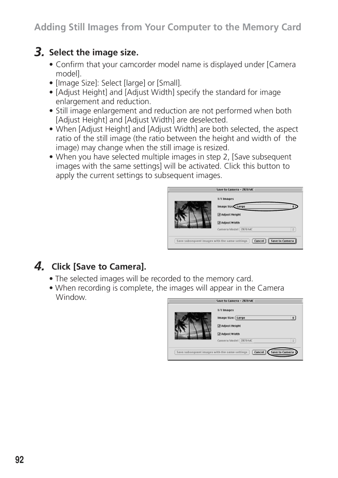 Canon DIM-521A instruction manual Adding Still Images from Your Computer to the Memory Card, Select the image size 