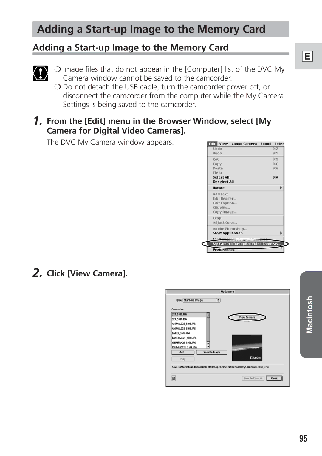 Canon DIM-521A instruction manual Adding a Start-up Image to the Memory Card, Click View Camera 