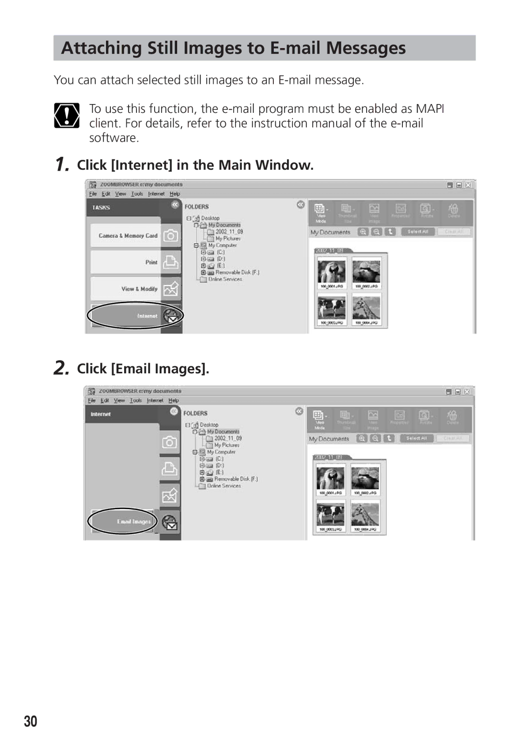 Canon DIM-538 Attaching Still Images to E-mail Messages, Click Internet in the Main Window Click Email Images 