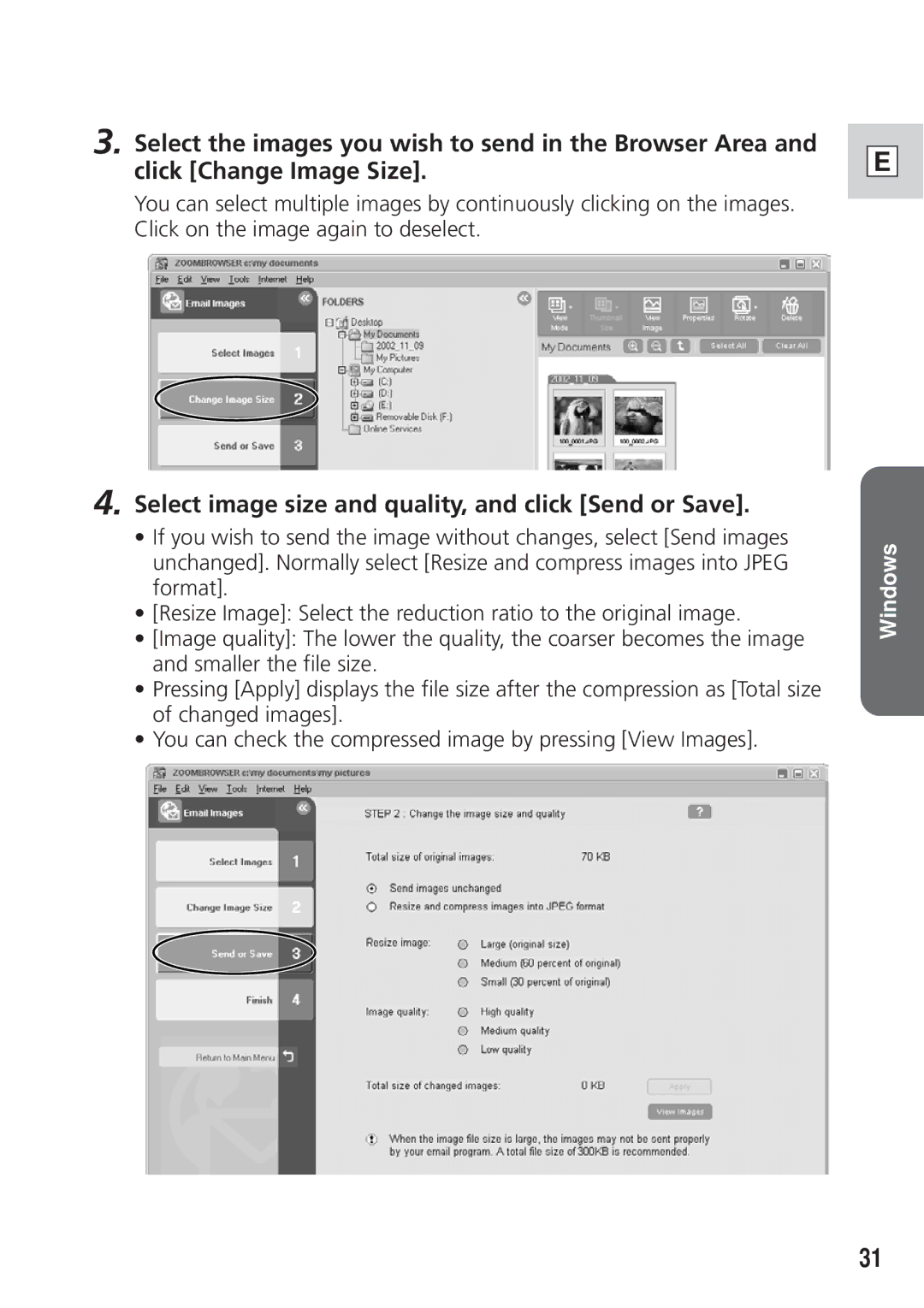 Canon DIM-538 instruction manual Select image size and quality, and click Send or Save 