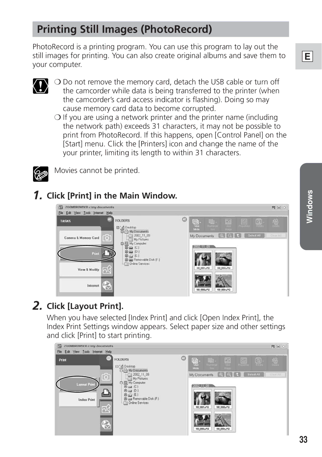 Canon DIM-538 instruction manual Printing Still Images PhotoRecord, Click Print in the Main Window Click Layout Print 