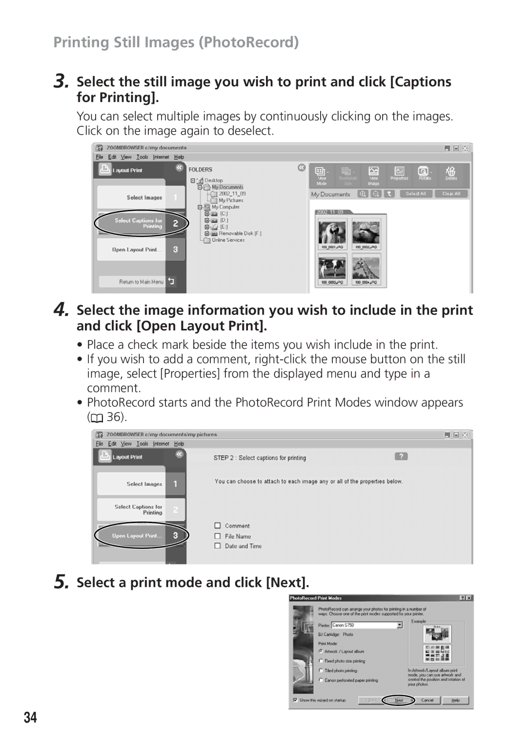 Canon DIM-538 instruction manual Printing Still Images PhotoRecord, Select a print mode and click Next 