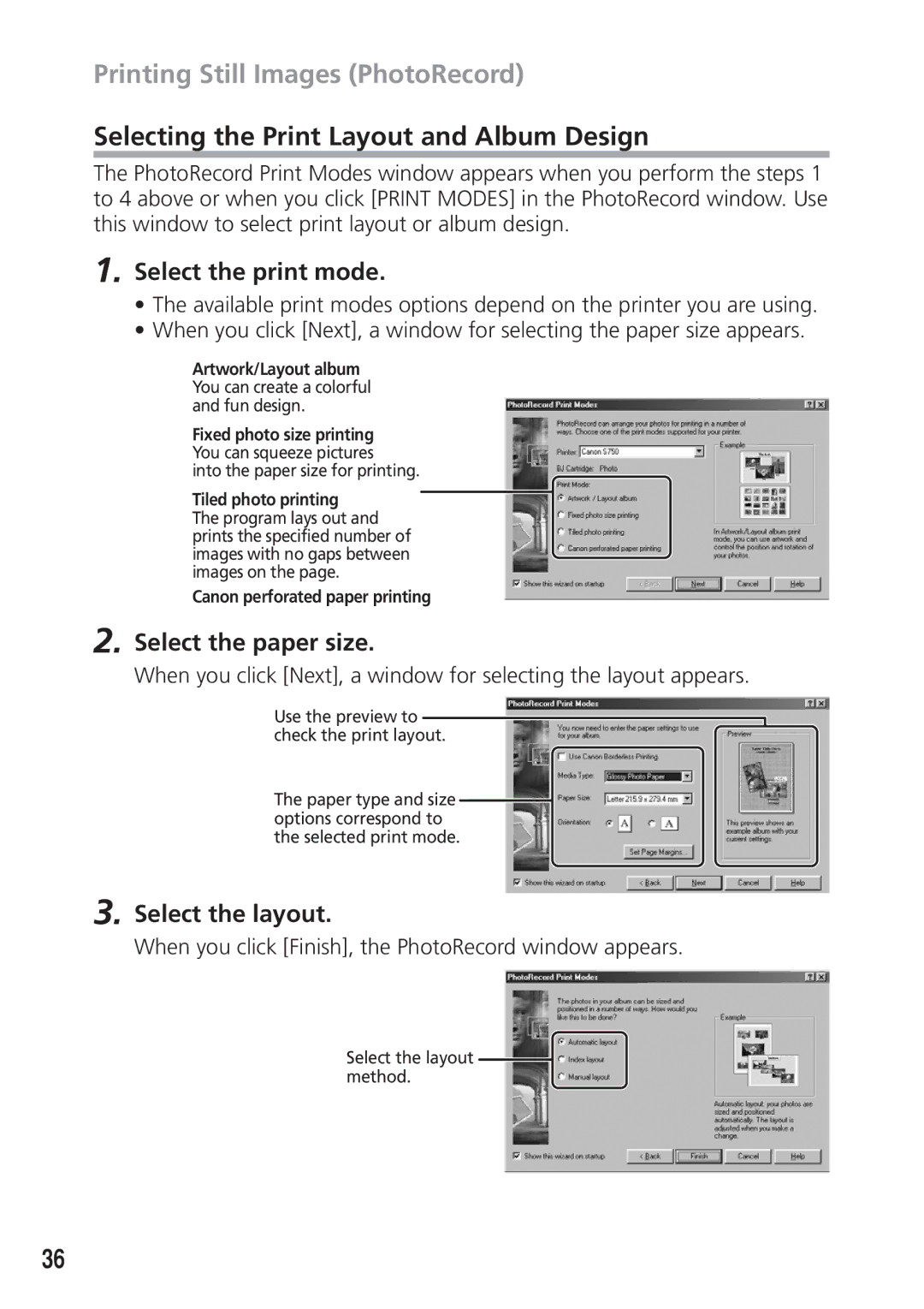 Canon DIM-538 Selecting the Print Layout and Album Design, Select the print mode, Select the paper size, Select the layout 