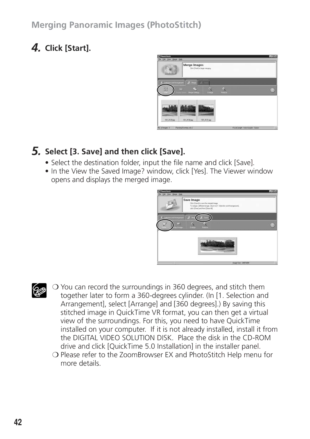 Canon DIM-538 instruction manual Merging Panoramic Images PhotoStitch, Click Start Select 3. Save and then click Save 