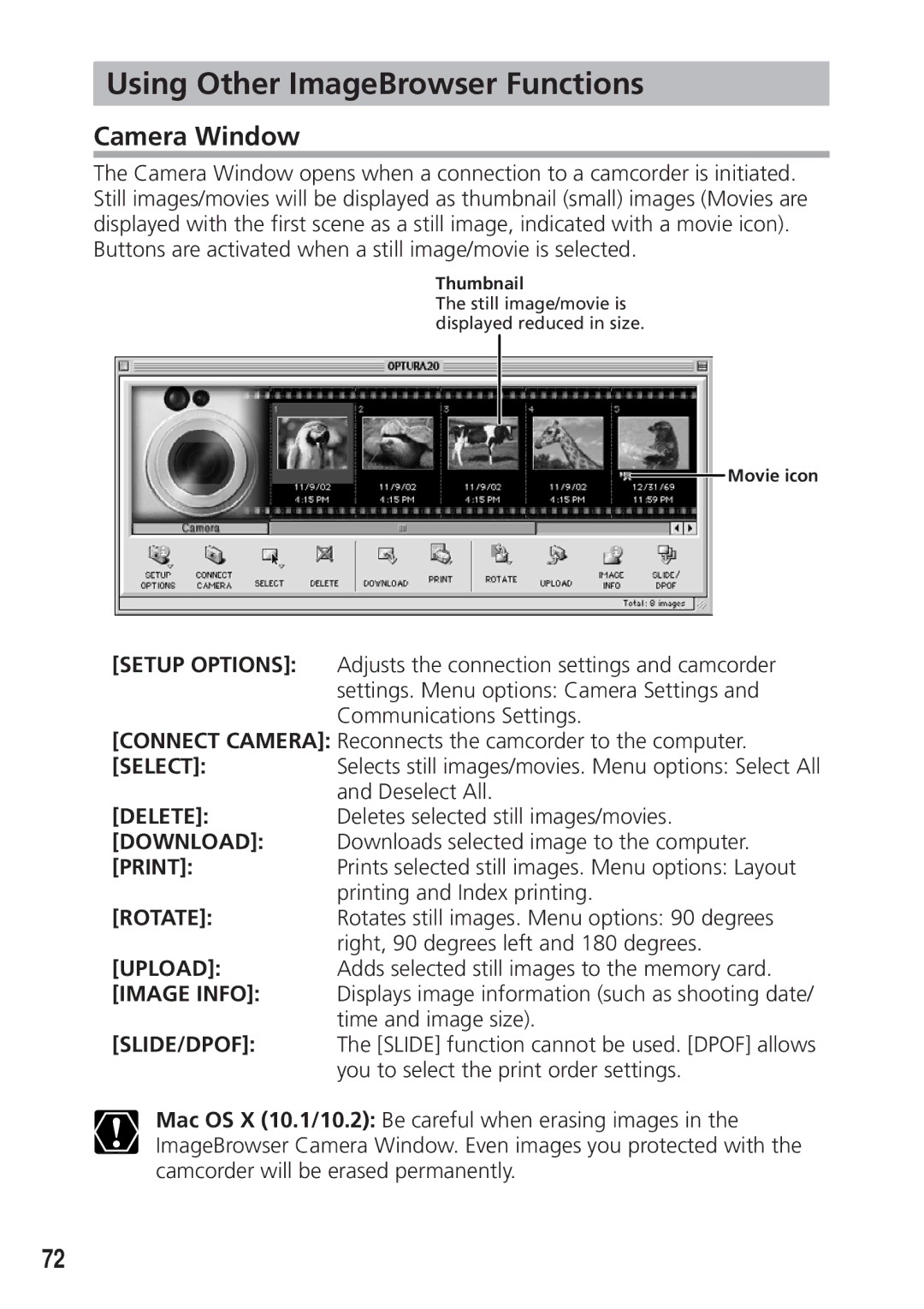 Canon DIM-538 instruction manual Using Other ImageBrowser Functions, Camera Window 