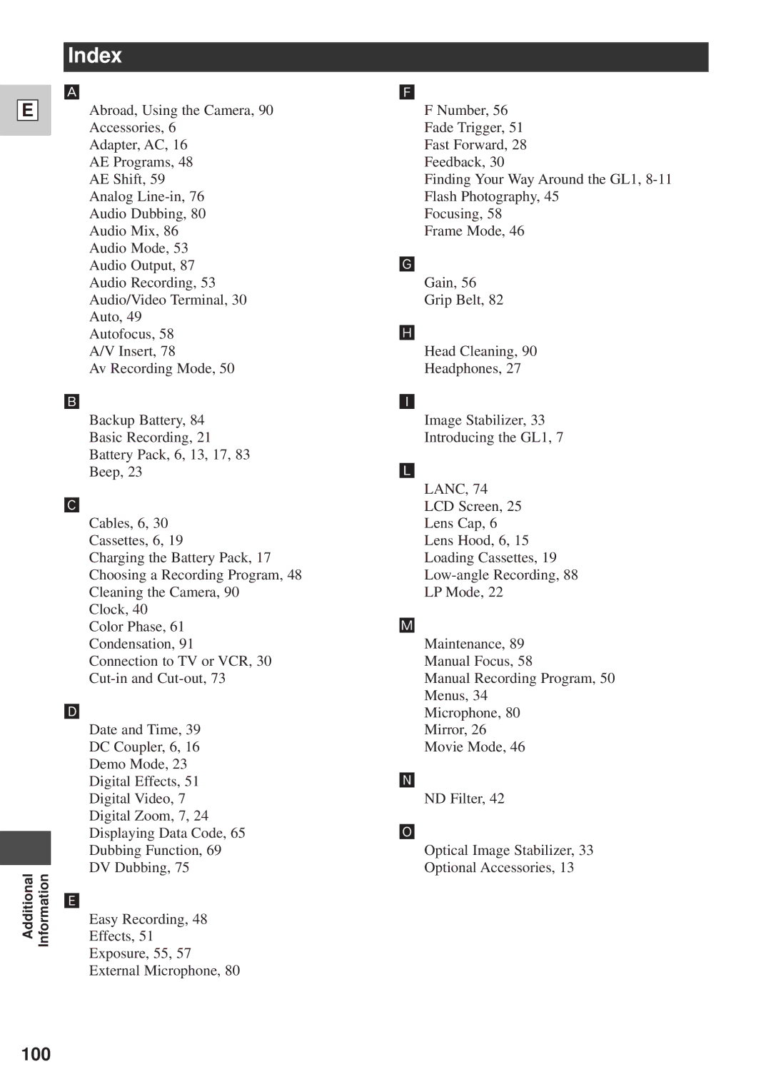 Canon DM-GL1 instruction manual Index, 100 