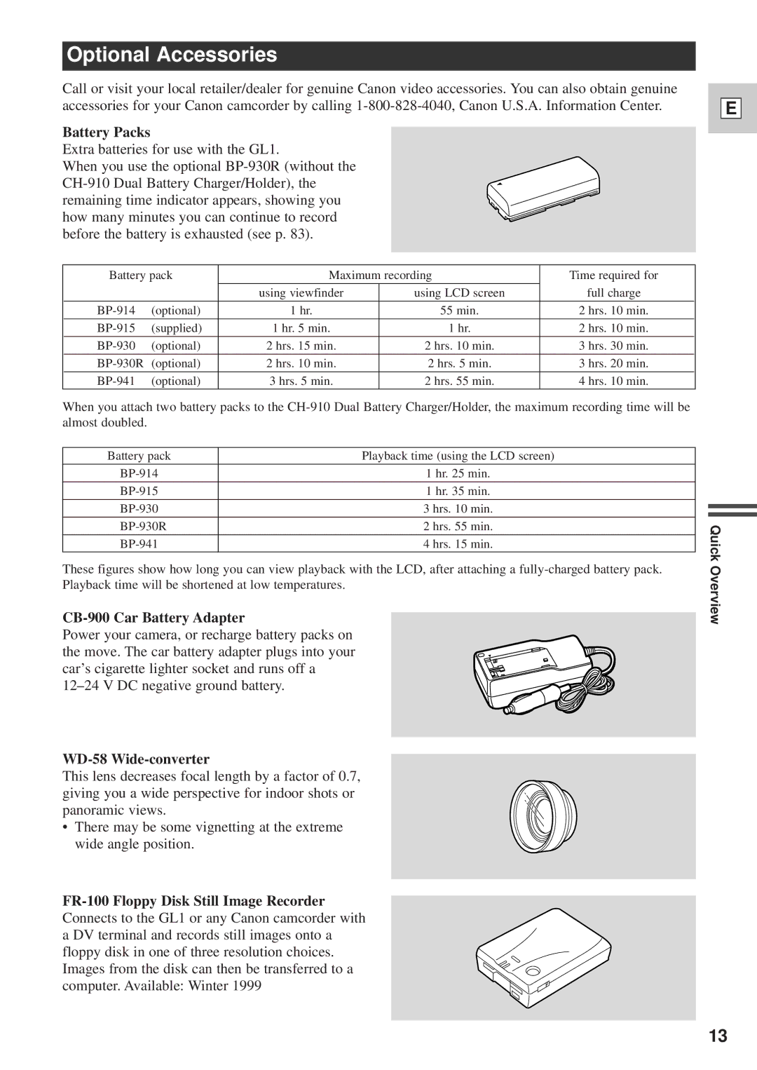 Canon DM-GL1 instruction manual Optional Accessories, Battery Packs, CB-900 Car Battery Adapter, WD-58 Wide-converter 