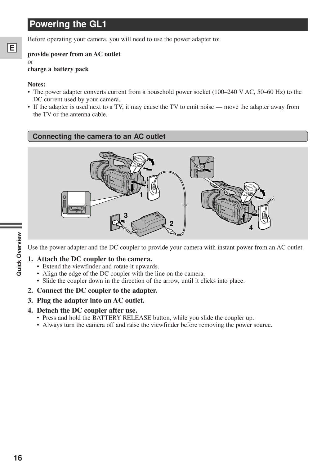 Canon DM-GL1 Powering the GL1, Connecting the camera to an AC outlet, Attach the DC coupler to the camera 