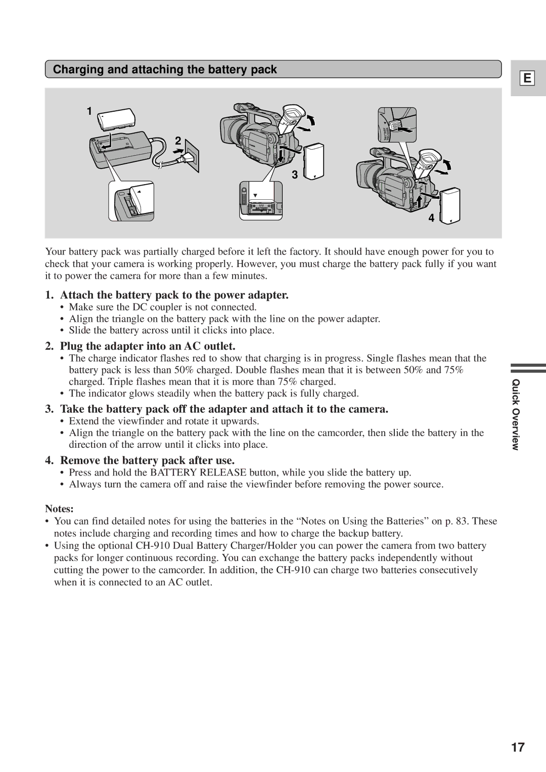 Canon DM-GL1 instruction manual Charging and attaching the battery pack, Attach the battery pack to the power adapter 