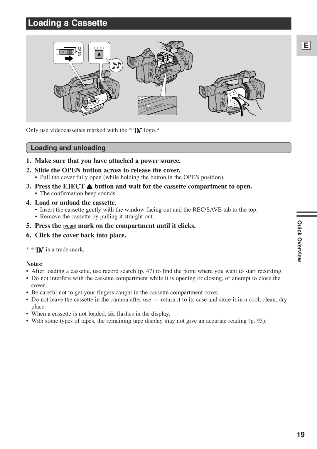 Canon DM-GL1 instruction manual Loading a Cassette, Loading and unloading, Load or unload the cassette 