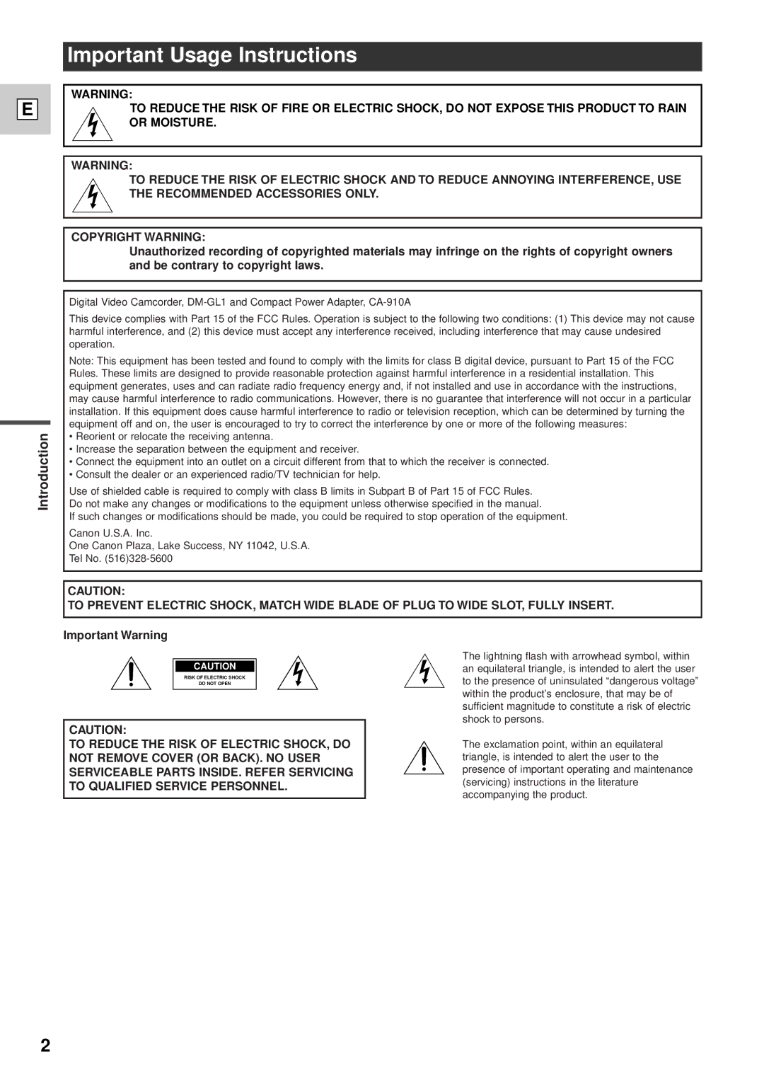 Canon DM-GL1 instruction manual Important Usage Instructions, Introduction 