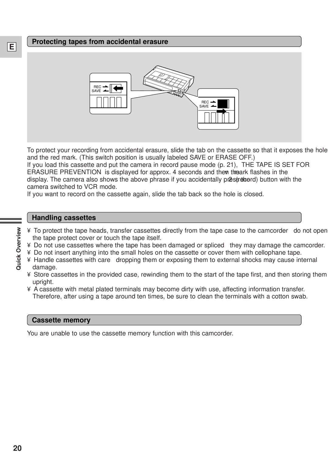 Canon DM-GL1 instruction manual Protecting tapes from accidental erasure, Handling cassettes, Cassette memory 