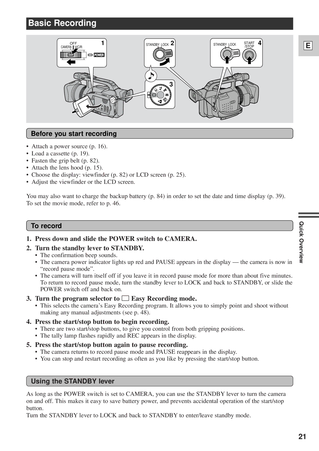 Canon DM-GL1 instruction manual Before you start recording, To record, Using the Standby lever 