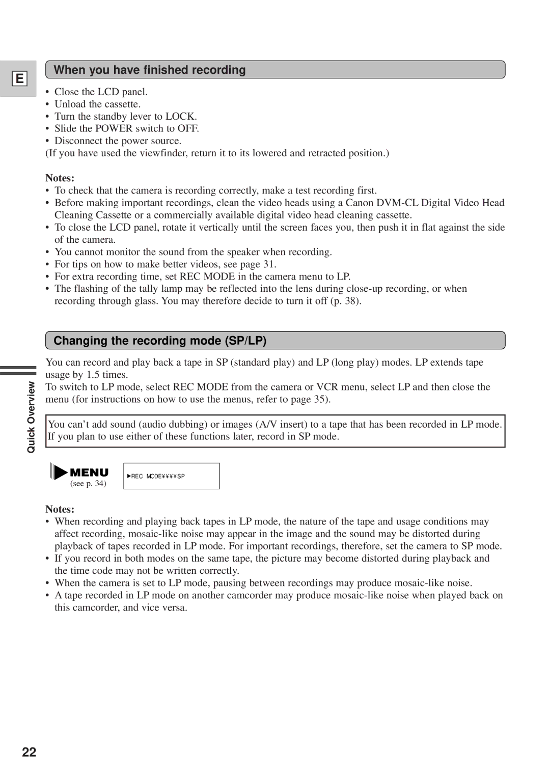 Canon DM-GL1 instruction manual When you have finished recording, Changing the recording mode SP/LP 