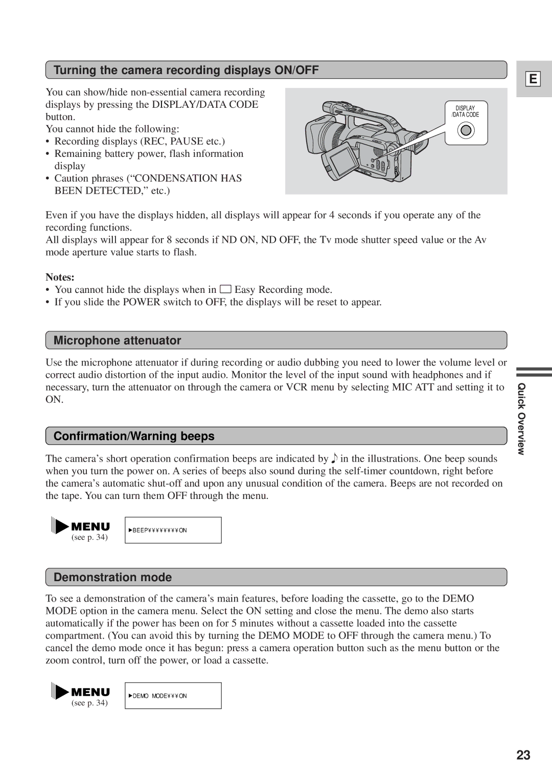 Canon DM-GL1 Turning the camera recording displays ON/OFF, Microphone attenuator, Confirmation/Warning beeps 