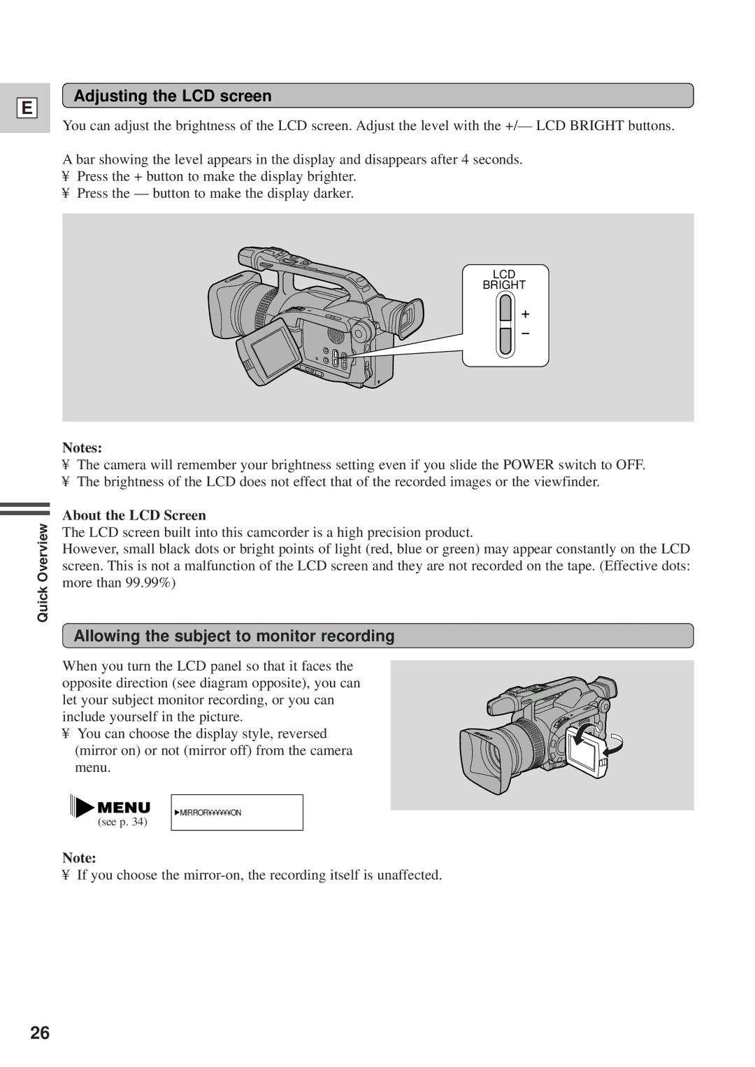 Canon DM-GL1 instruction manual Adjusting the LCD screen, Allowing the subject to monitor recording, About the LCD Screen 