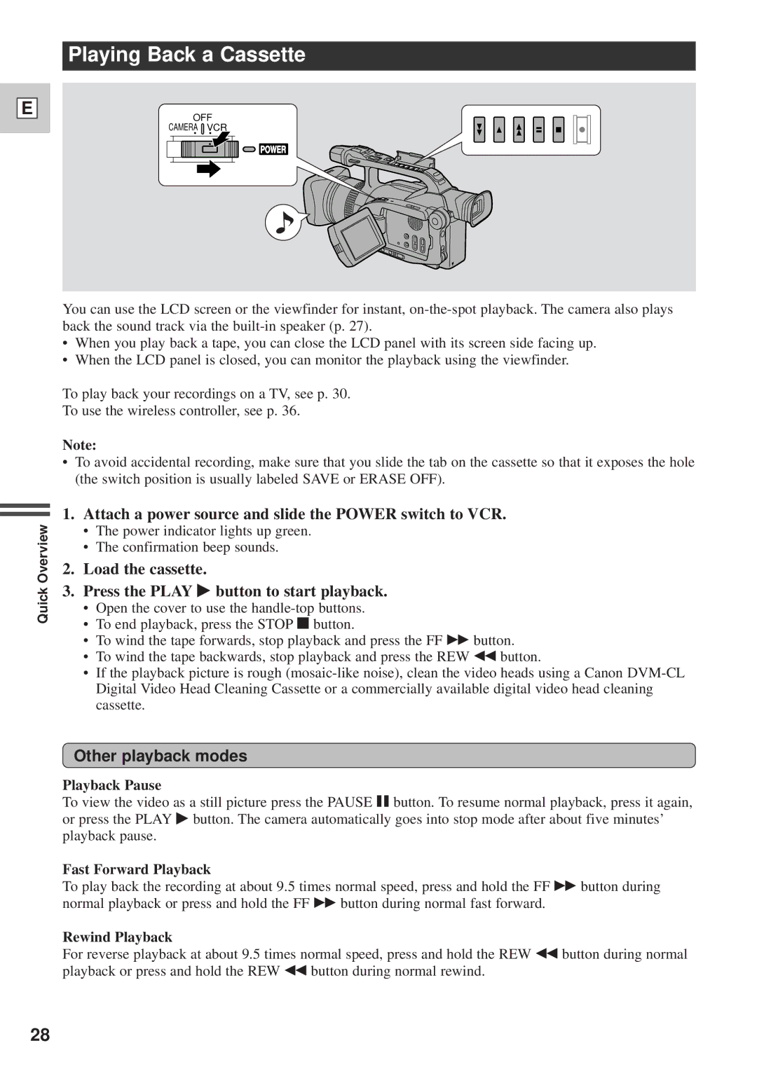 Canon DM-GL1 Playing Back a Cassette, Attach a power source and slide the Power switch to VCR, Other playback modes 