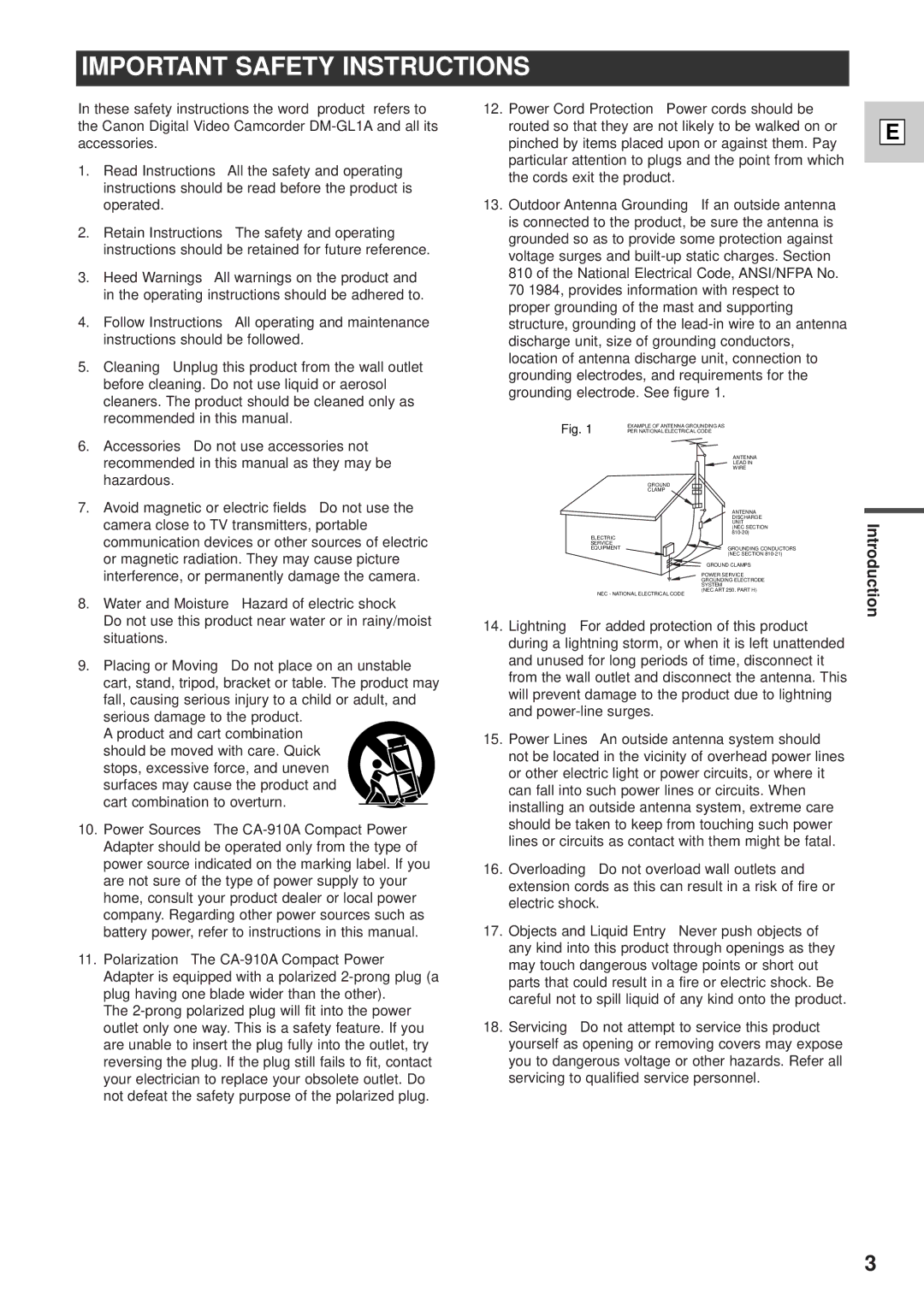 Canon DM-GL1 instruction manual Important Safety Instructions 