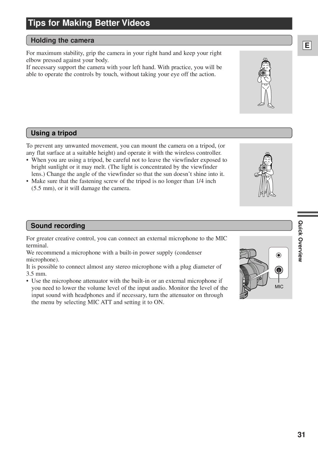 Canon DM-GL1 instruction manual Tips for Making Better Videos, Holding the camera, Using a tripod, Sound recording 