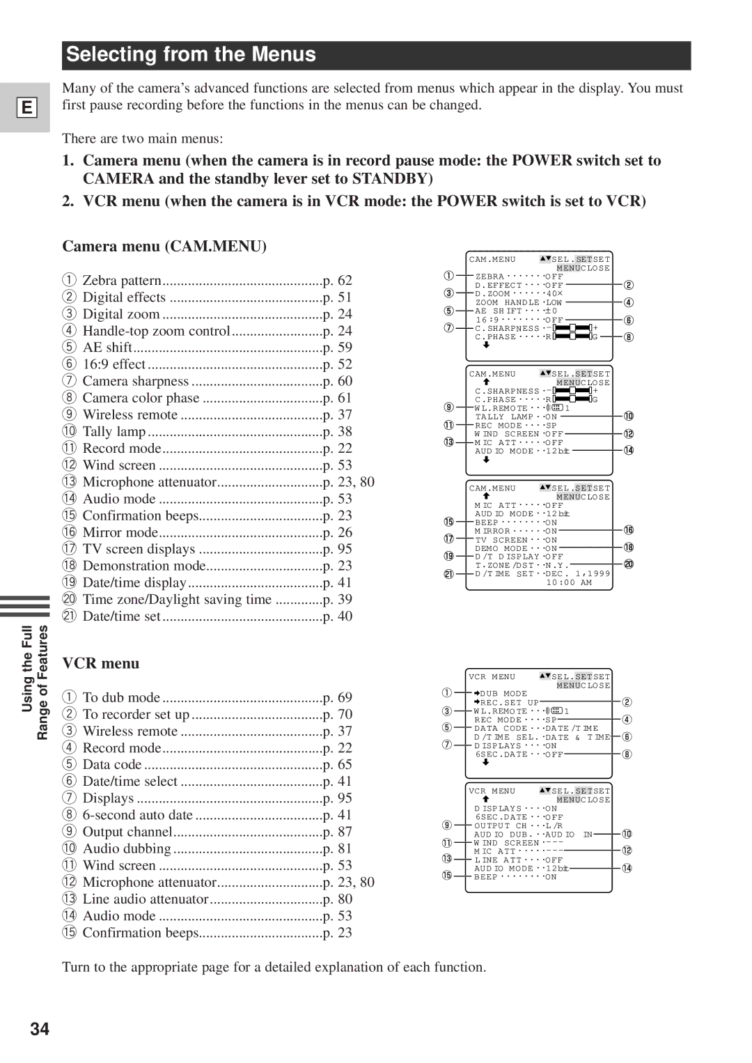 Canon DM-GL1 instruction manual Selecting from the Menus, VCR menu 