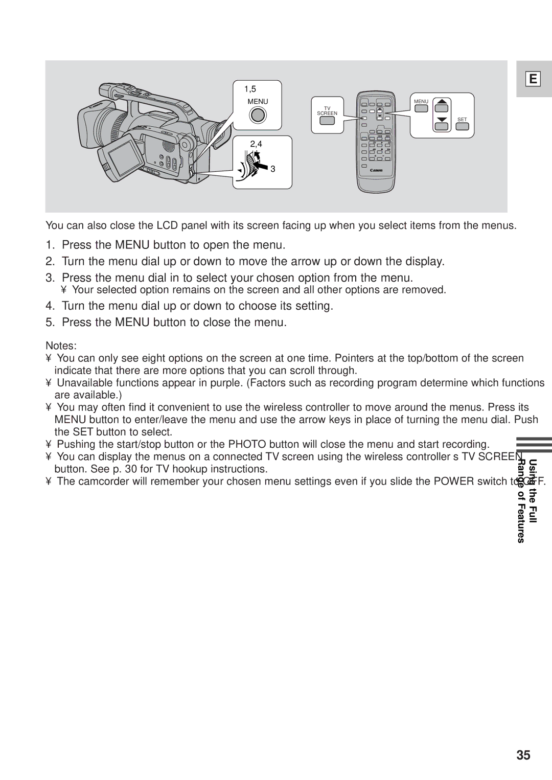 Canon DM-GL1 instruction manual Menu 