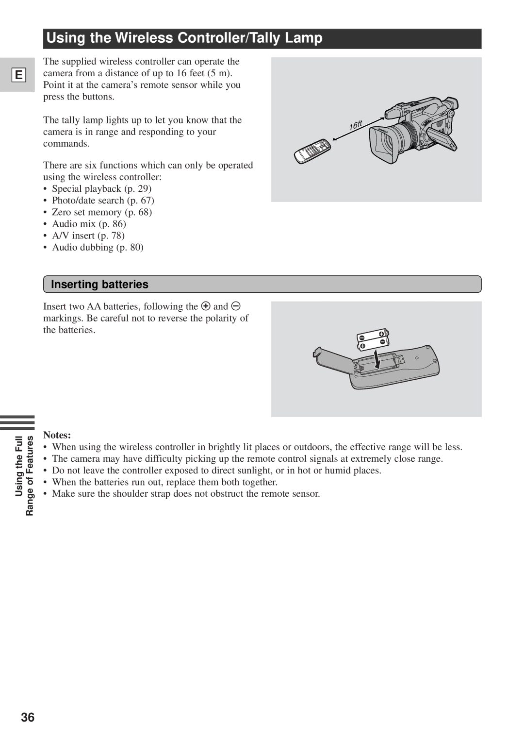 Canon DM-GL1 instruction manual Using the Wireless Controller/Tally Lamp, Inserting batteries 