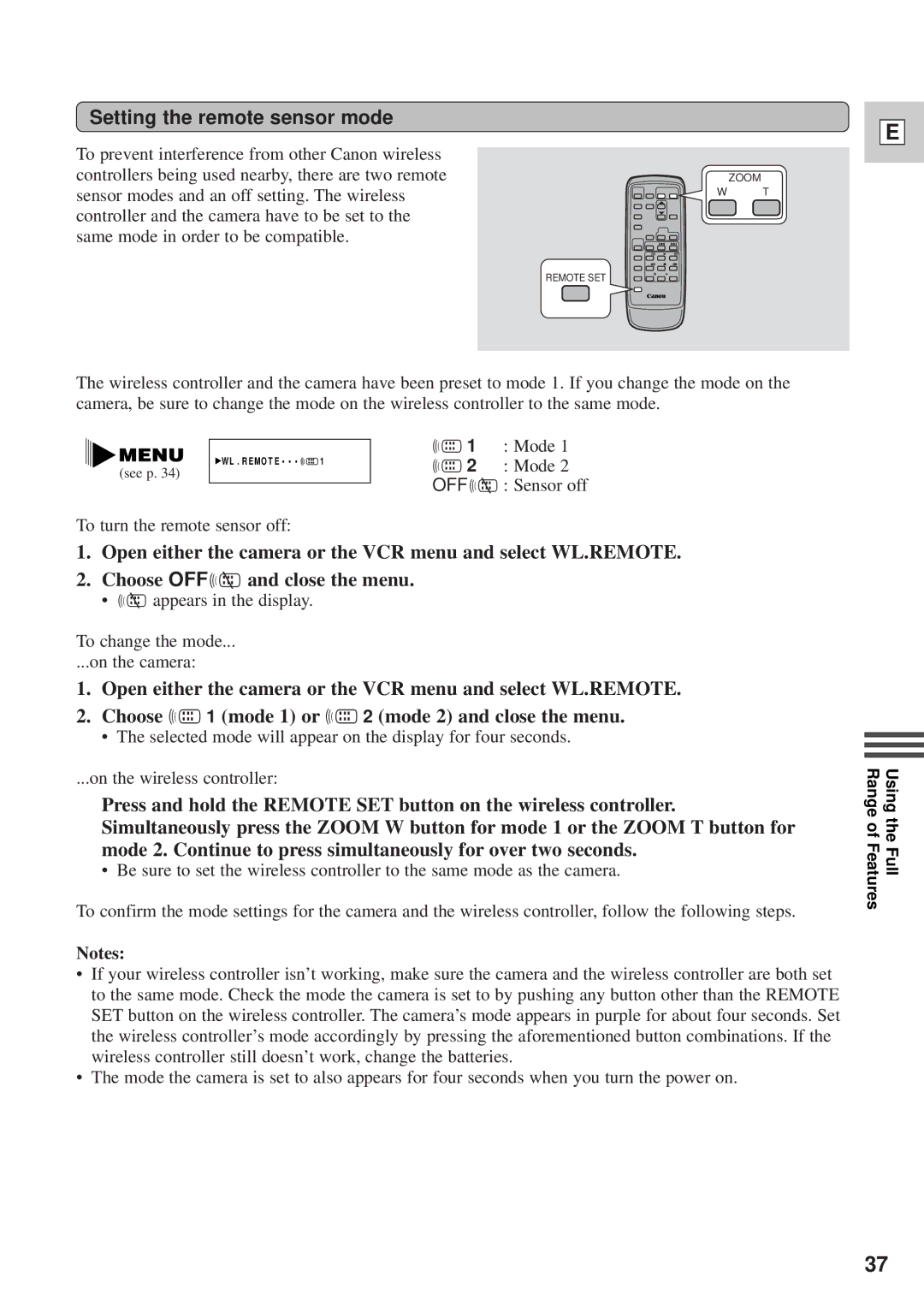 Canon DM-GL1 instruction manual Setting the remote sensor mode 