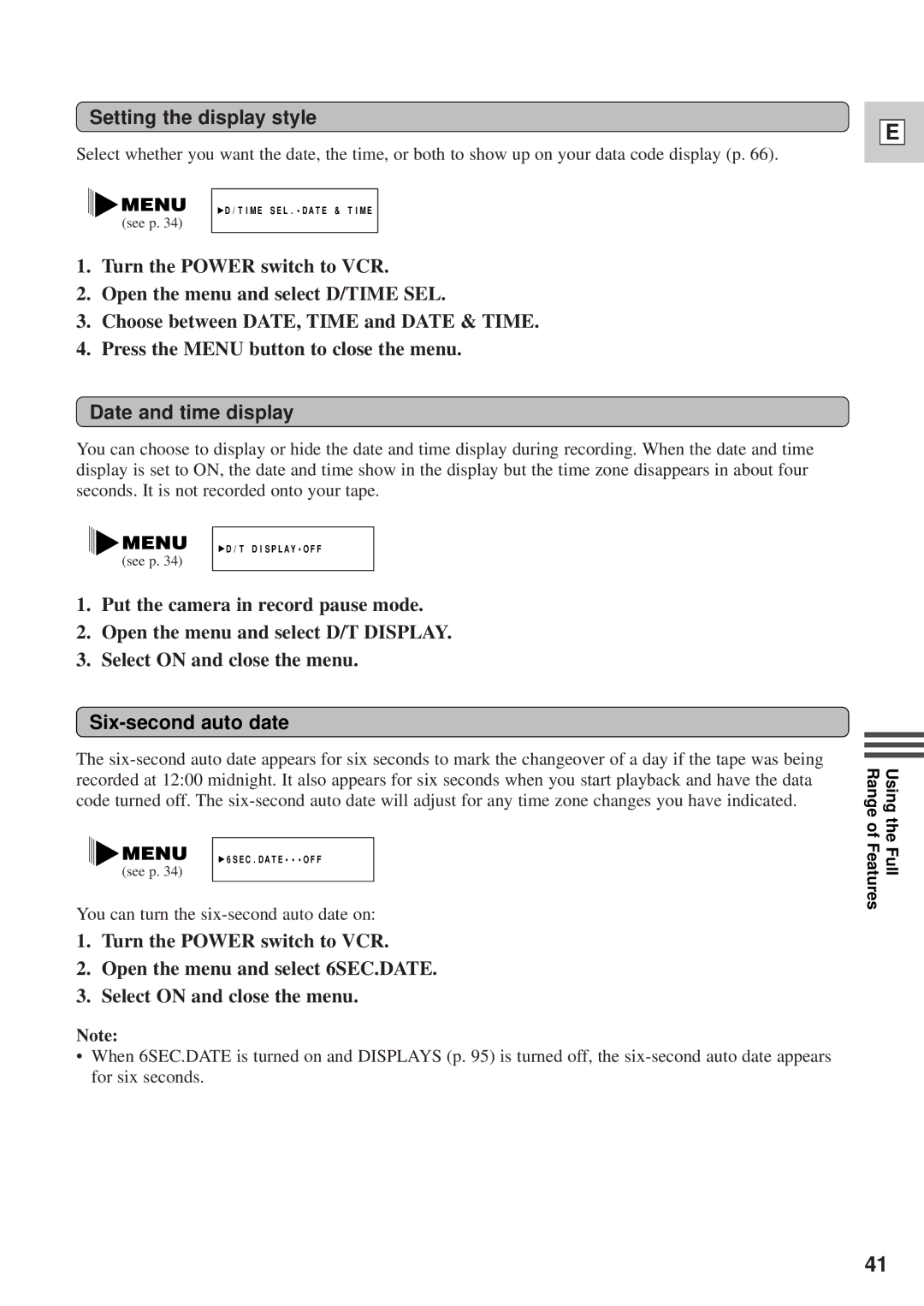 Canon DM-GL1 instruction manual Setting the display style, Date and time display, Six-second auto date 