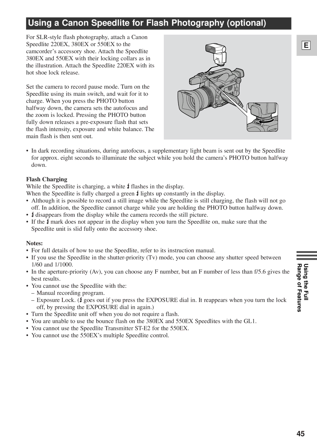 Canon DM-GL1 instruction manual Using a Canon Speedlite for Flash Photography optional, Flash Charging 