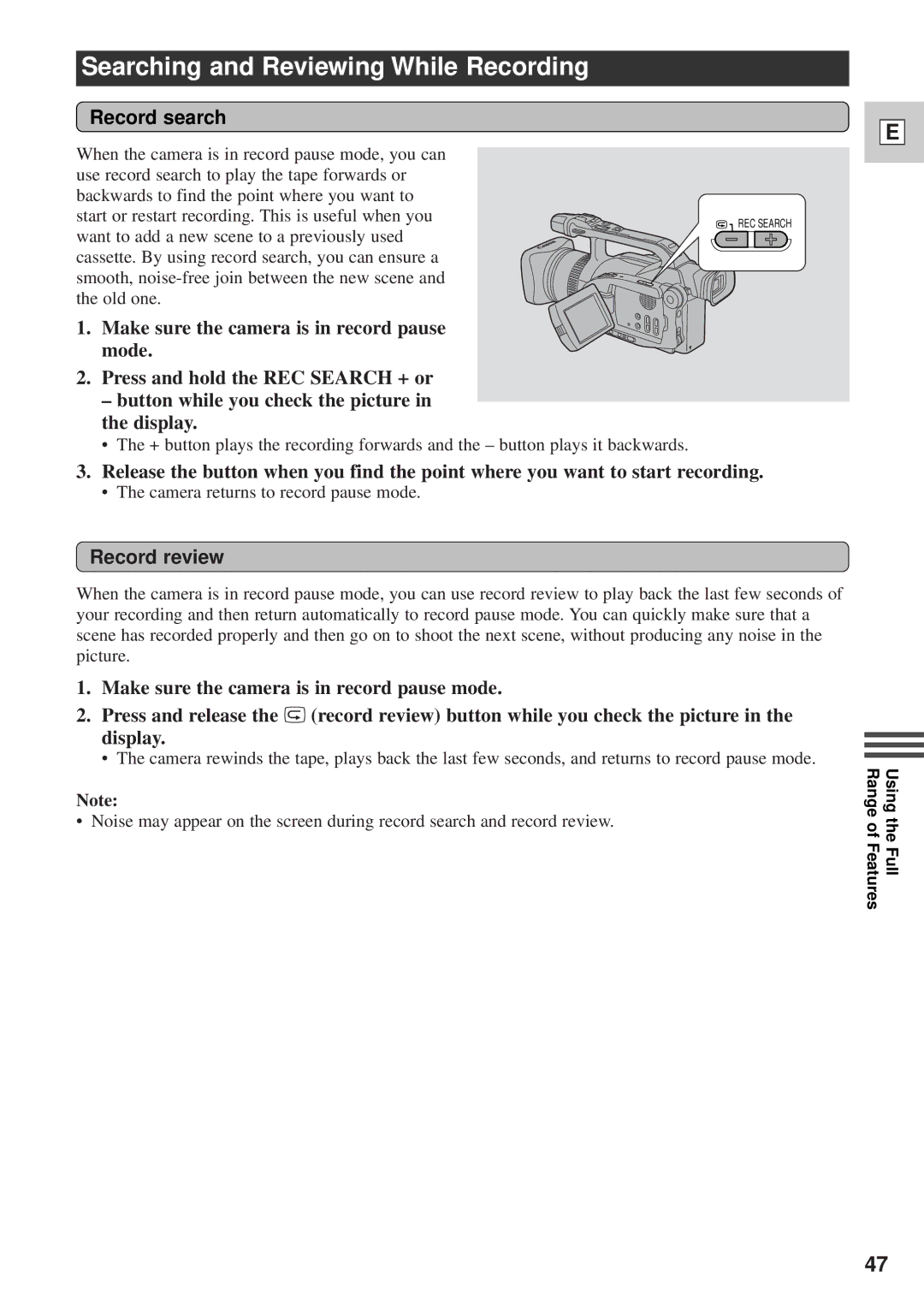 Canon DM-GL1 instruction manual Searching and Reviewing While Recording, Record search, Record review 