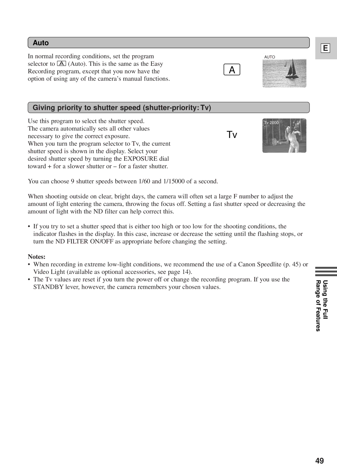 Canon DM-GL1 instruction manual Auto, Giving priority to shutter speed shutter-priority Tv 