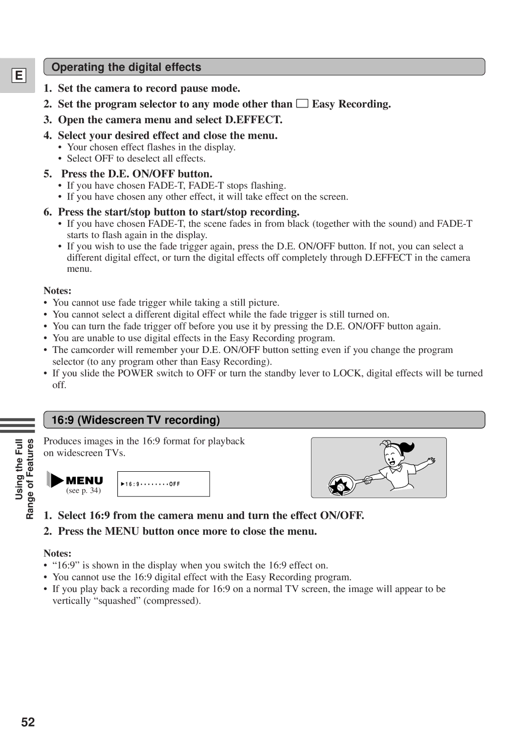 Canon DM-GL1 instruction manual Operating the digital effects, Press the D.E. ON/OFF button, Widescreen TV recording 